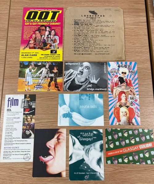 A collection of seven postcards and three other pieces of ephemera advertising different Glasgay! events.