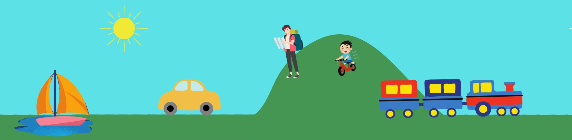 A cartoon of a person with a map and child on a bike on a hill and train, boat, and car.