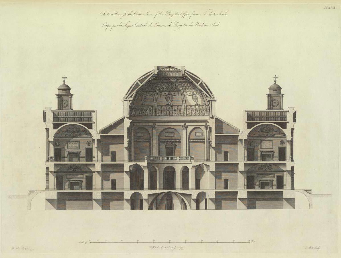 Architectural cross-section of a domed building with detailed interior elements, labeled as the Royal Exchange.