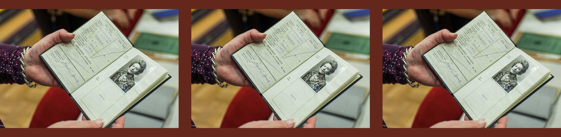 Someone holding Muriel Spark's passport open to the photo page.