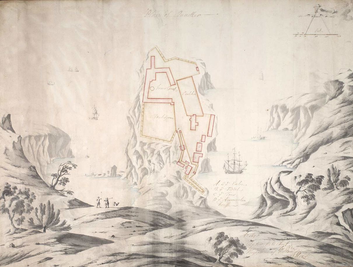 Historic drawing of a cliff-top fortress with an overlaid architectural plan, surrounded by sea with sailing ships and a sparse coastal landscape.