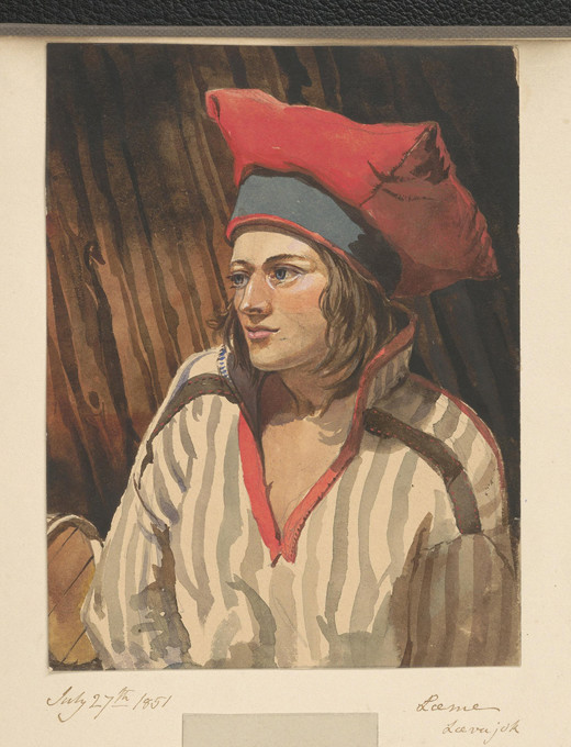 Painting of a Saami man dressed in a striped shirt and red hat.