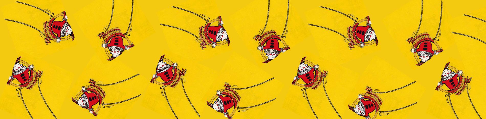 An image of a clown on a trapeze repaeated multiple times at different angles on a bright yellow angle. Text above the clown says 'Kelvinhall carnival'.