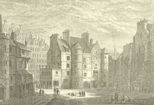 A large building and street scene in 18th-century Edinburgh