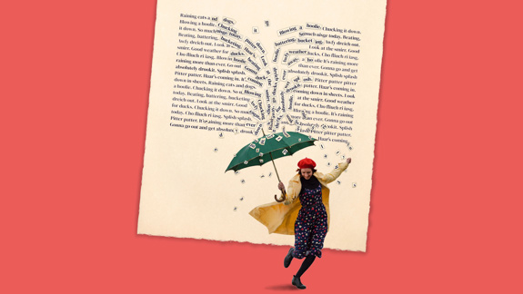 Words from a page raining down on a woman holding an umbrella.