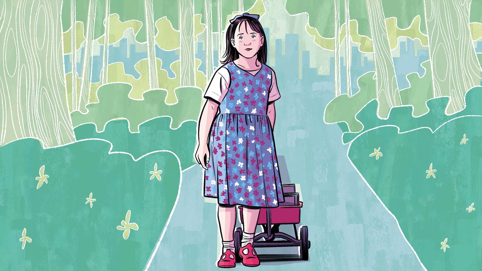 A girl walks on a path through a green wooded area, pulling a small red trailer full of books behind her.