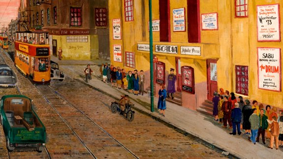 Painting depicting a street view outside a cinema.