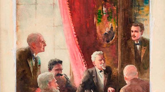 A group of men sitting around a table turn to see a man entering the room.