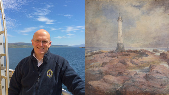 A photo of Mike Bullock and a painting of a lighthouse.