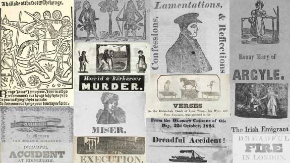 Collage of historical broadsides featuring dramatic headlines such as "Horrid & Barbarous Murder," "Dreadful Accident at Edinburgh," and "Confessions, Lamentations, & Reflections."