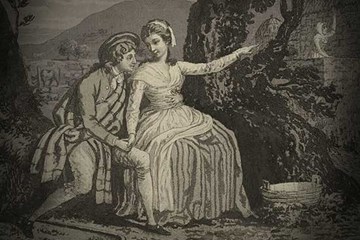 An illustration of a man and women in old dress sitting by a tree.