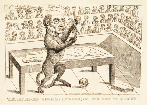 A cartoon depicting Dr Knox as a dog with a man's head in a lecture theatre holding up the bones of a hand.