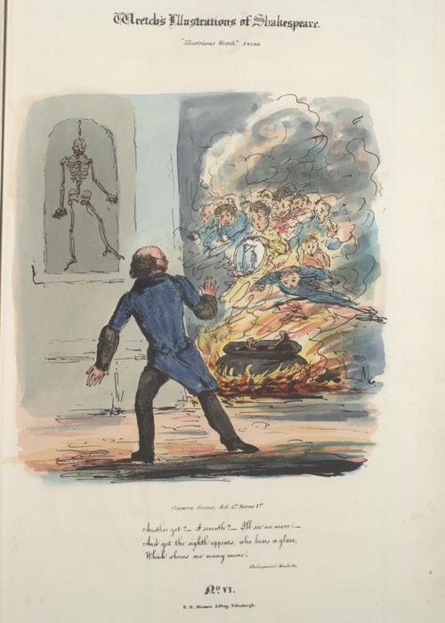 A drawing showing a satirised scene from MacBeth of Knox looking at lots of ghosts rising from a cauldron.