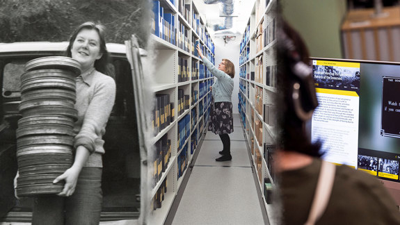 Three photos side by side. The first is black and white showing an adult carrying a pile of film reels. The second is of an adult standing in the stacks reaching for something. And the third is of someone watching a clip on a screen.