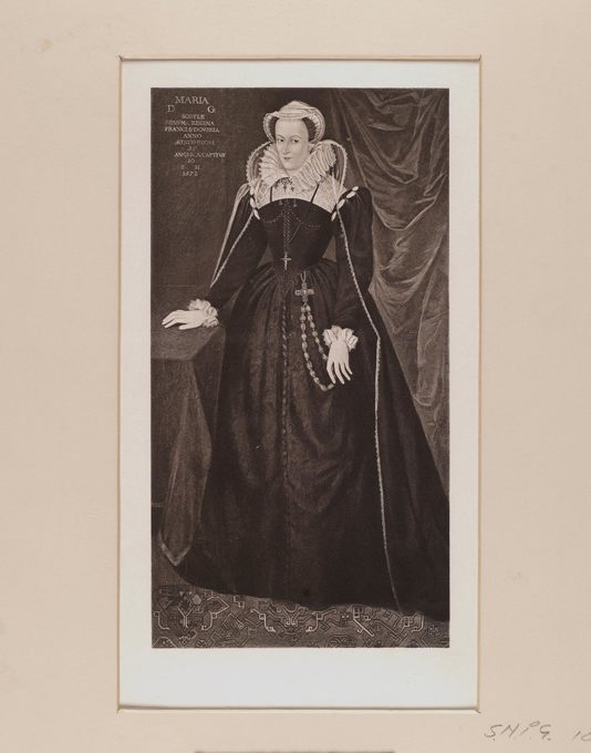 Historical portrait of Mary, Queen of Scots, in a dark, ornate dress with a high lace collar. She holds a rosary and wears a cross necklace. Latin text beside her identifies her as Queen of Scotland and captive in England, dated 1587.