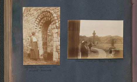 A page of an old photo album with four photos showing historic sites around Scotland.