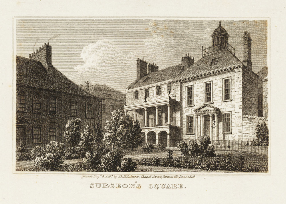 A drawing of Surgeon's Square showing large stone buildings and a garden.