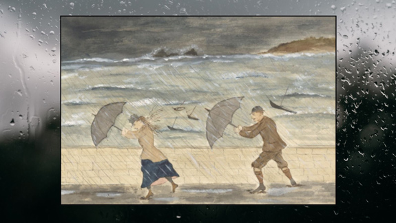 A drawing of two people holding umbrellas trying to walk in stormy weather.