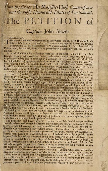 A weathered, sepia-toned historical document titled “The Petition of Captain John Slezer,” featuring dense, small printed text and formal language addressed to high-ranking officials and Parliament.