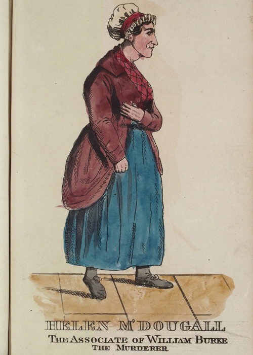 A coloured drawing of Helen M'Dougall, subtitled "The associate of William Burke the murderer".