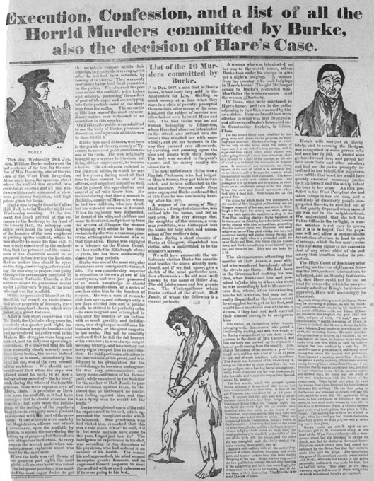 A news article listing all the murders by Burke and Hare.