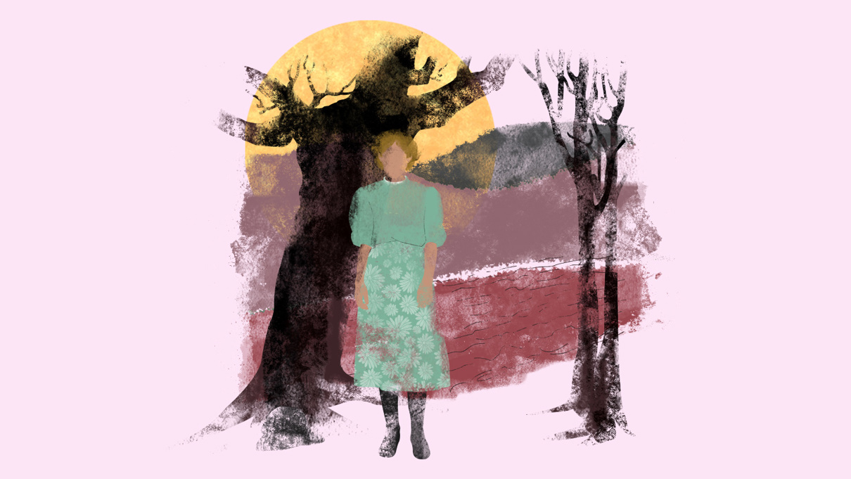 An illustration of a person standing in front of a large tree with bare branches. The person is wearing a green floral-patterned dress and black boots. In the background, there is a yellow sun, mountains, and another tree on the right.