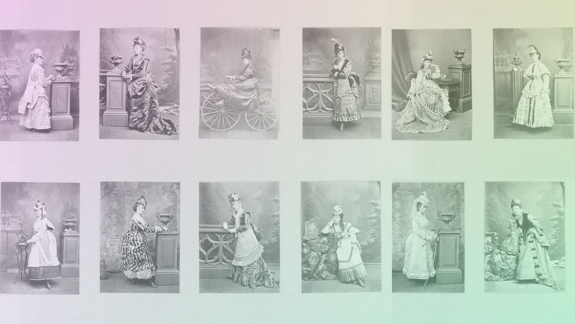 12 black and white photos of women playing characters in pantomimes in the latter half of the 19th century.