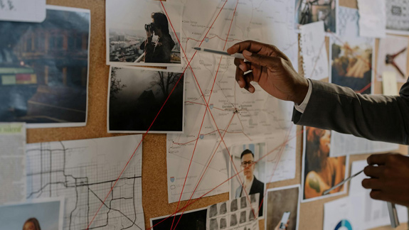 A pin board with maps, photos, and notes on it.
