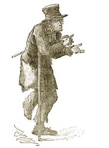 Illustration of an elderly person in a long coat and top hat, leaning on a cane with a hunched posture. One hand is extended forward.