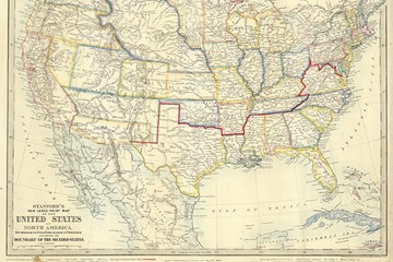 Map of United States of America with a red line marking the divide between the Union and Confederate states at the start of the Civil War.