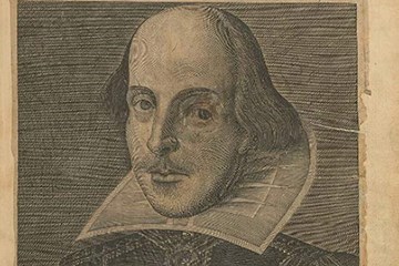 The title page of Shakespeare's first folio showing a portrait of him.