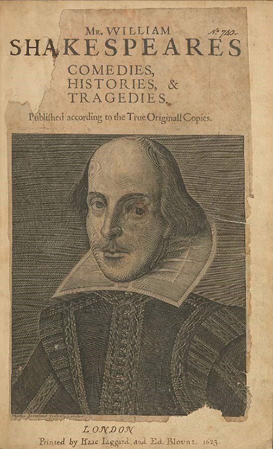 The title page of Shakespeare's first folio showing a portrait of him.