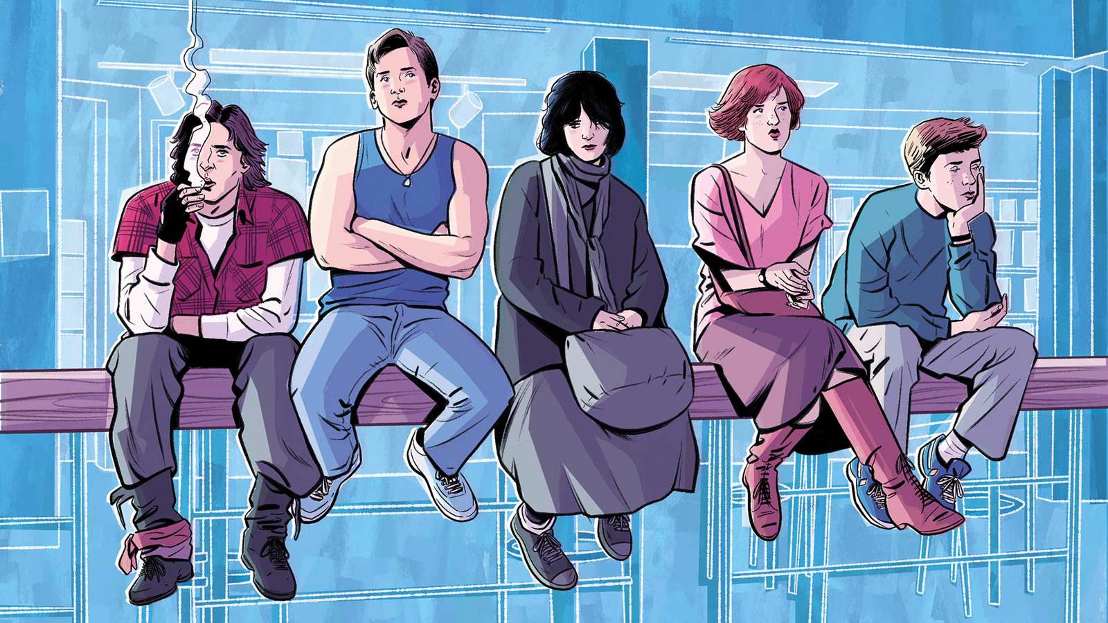 Five teenagers sit on a wooden beam with a library behind them. 