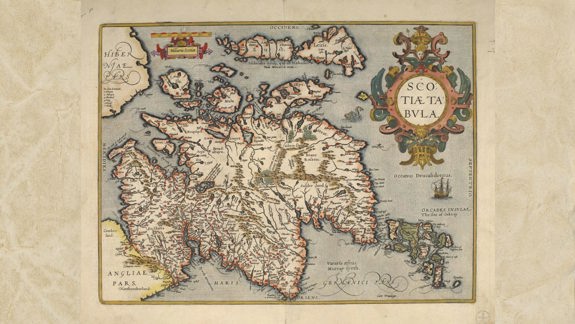 An old coloured map of Scotland labelled in Latin.