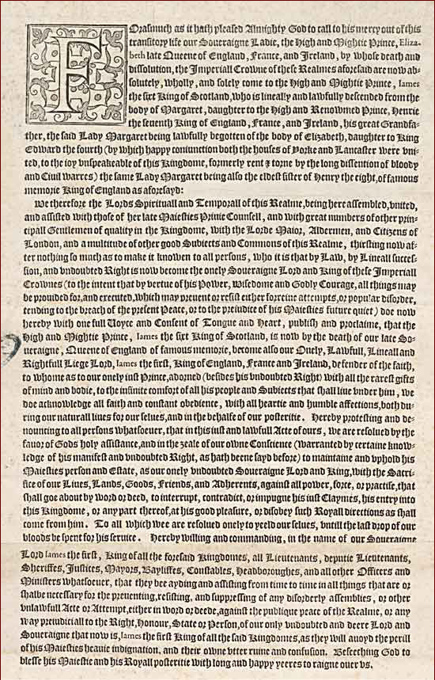 Scanned historical proclamation announcing the death of Queen Elizabeth I and the accession of King James VI of Scotland to the English throne. The text outlines his royal lineage and calls for public acknowledgment and support of the new monarch.
