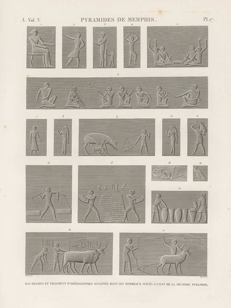 Engraving showing multiple carved panels with human figures, animals, tools and hieroglyphic inscriptions arranged in a grid. 
