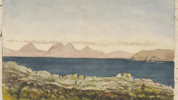 A watercolour of a landscape showing hills and the sea.