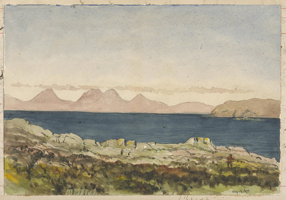 A watercolour of a landscape showing hills and the sea.
