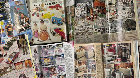 Close-up of vintage catalogue spreads of toys and homewares.