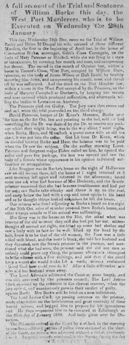 A news article of "a full account of the Trial and Sentence of William Burke".