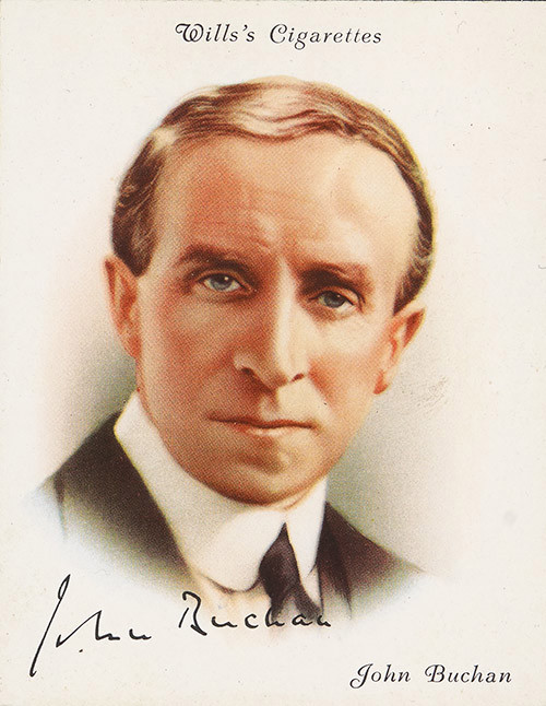 Vintage Wills's Cigarettes card with a blurred portrait of John Buchan, his name and signature at the bottom.