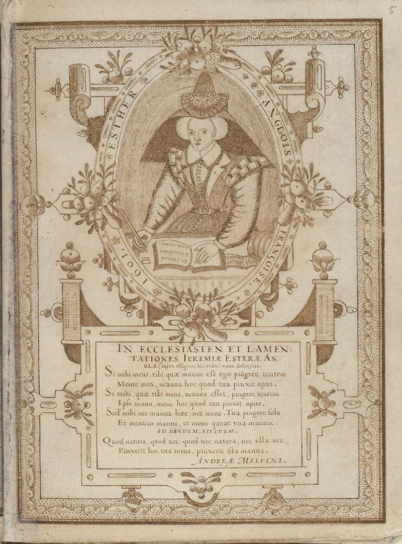 A hand-drawn self portrait of Esther Inglis. It is surrounded by a decorative border and Latin text at the bottom.