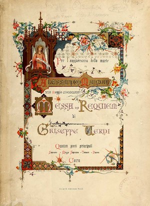 Title page for Messa di Requiem. There is a colourful border around the title information and an image of an angel in the top left of the page.