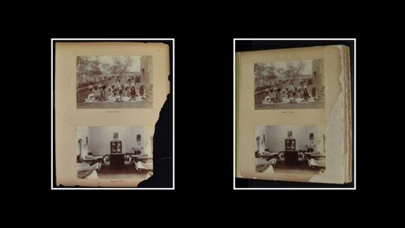 Two pages from a photo album. One is when it is damaged with some of the page ripped off, and the other is pf the page after it has been repaired.