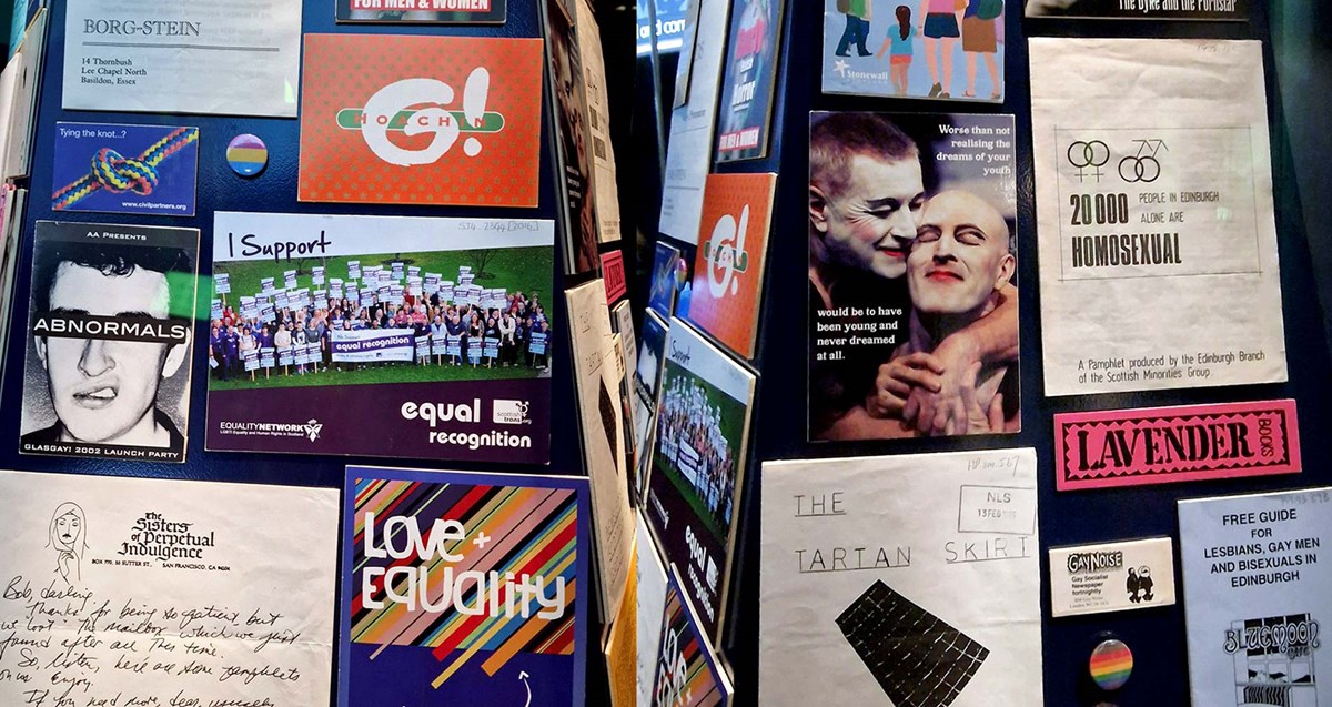 Collage display of colourful leaflets and small posters.