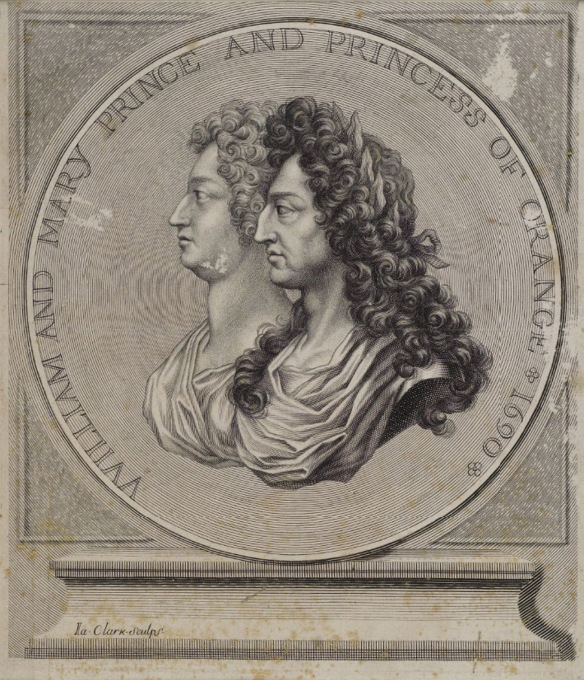Engraved profile portrait of William III and Mary II, 1690.