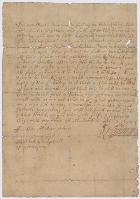 Historical document ordering the killing of the MacDonalds of Glencoe.