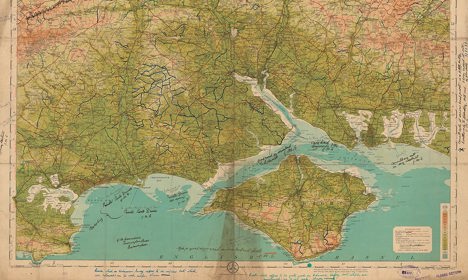 Map showing the Isle of Wight and the English Channel with some annotations written on it.