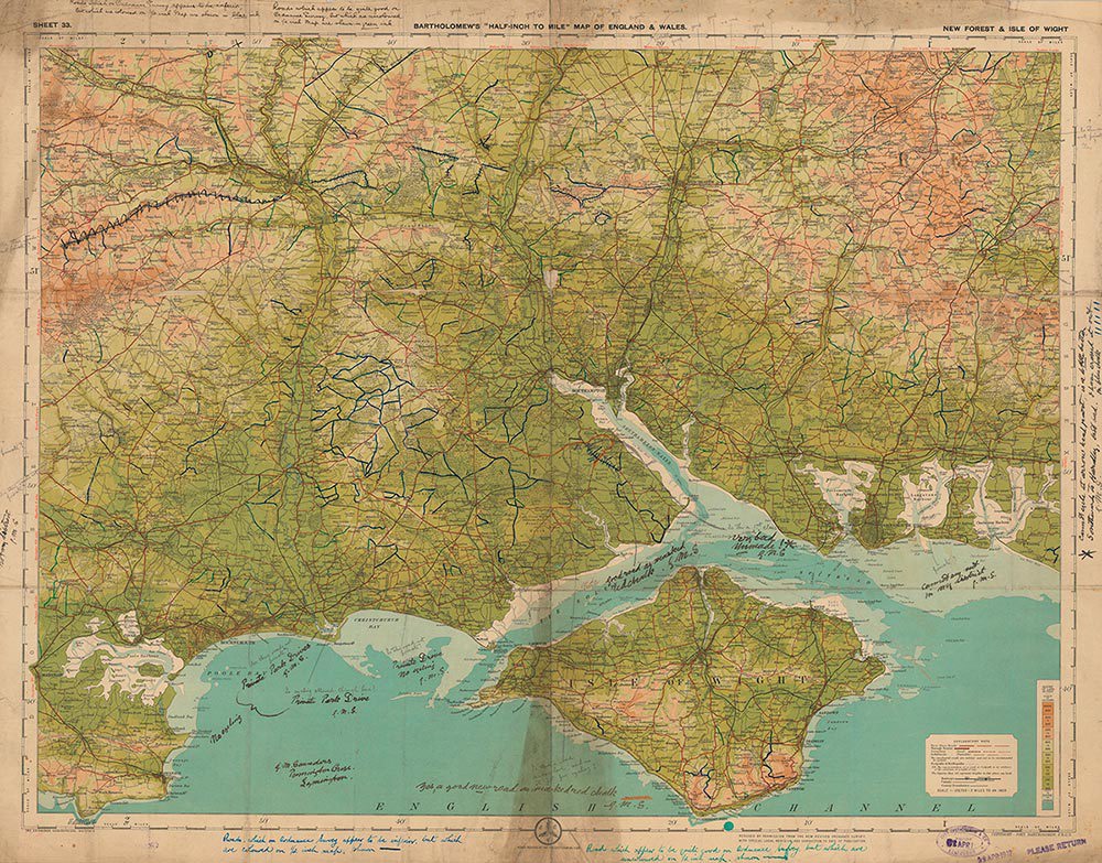 Map showing the Isle of Wight and the English Channel with some annotations written on it.