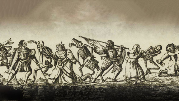 Medieval illustration of black ink against sepia of a series of people in a line interspersed with skeletons interacting with them.
